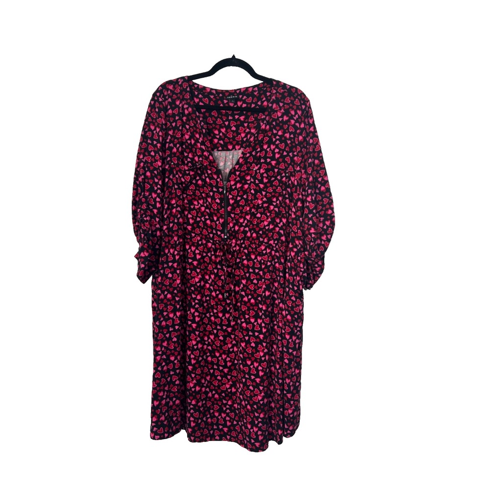 Torrid Challis Shirt Dress Size 3X Black Red Heart Zip-Front Stretch Long Sleeve